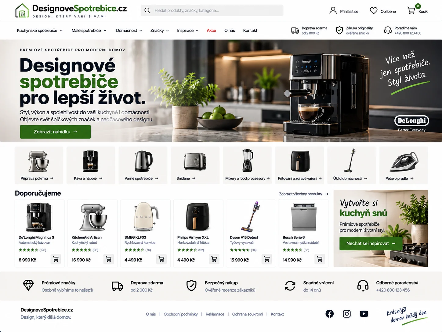 Ilustrační návrh e-shopu DesignoveSpotrebice.cz s kávovarem a dalšími domácími spotřebiči